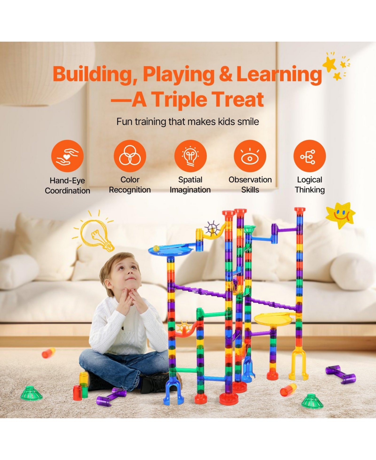 Sugift 145-Piece Marble Run Set with Glow Marbles & Race Track