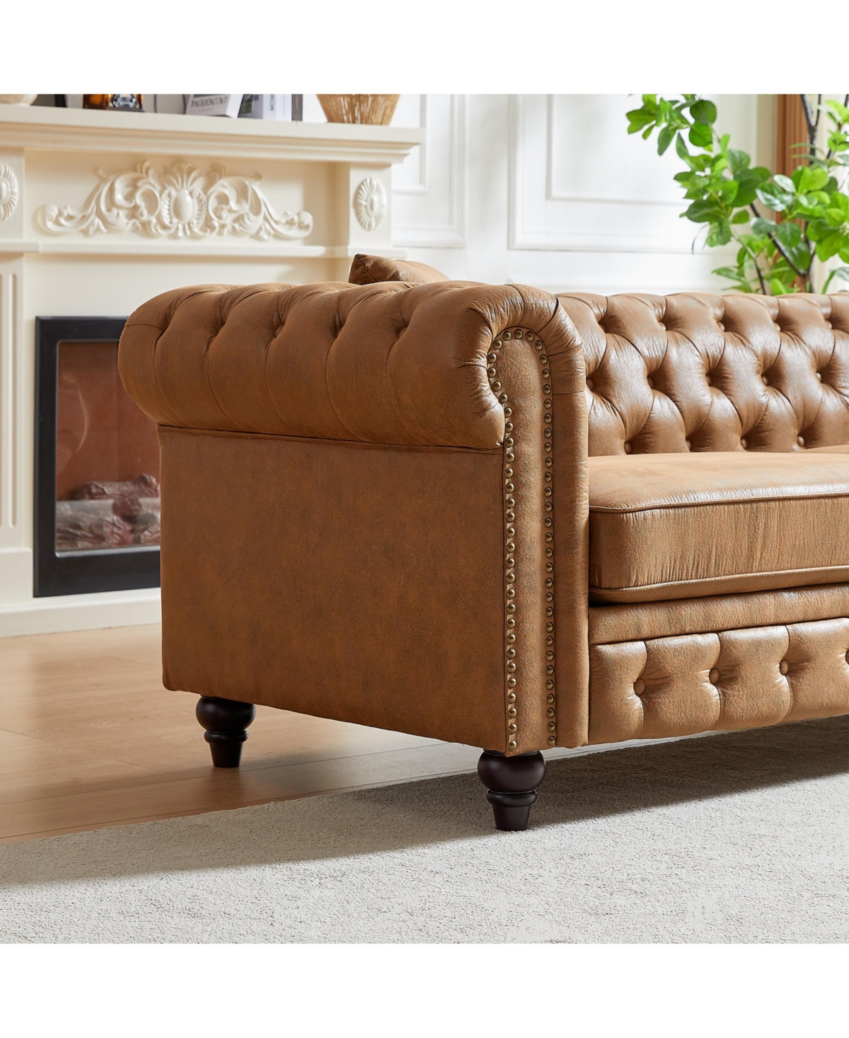 Streamdale Furniture 85.5" Living Room with Tech Fabric Chesterfield Sofa with Rolled Arms 3 Seater Sofa with Button Design and 2 Cushions for Apartme