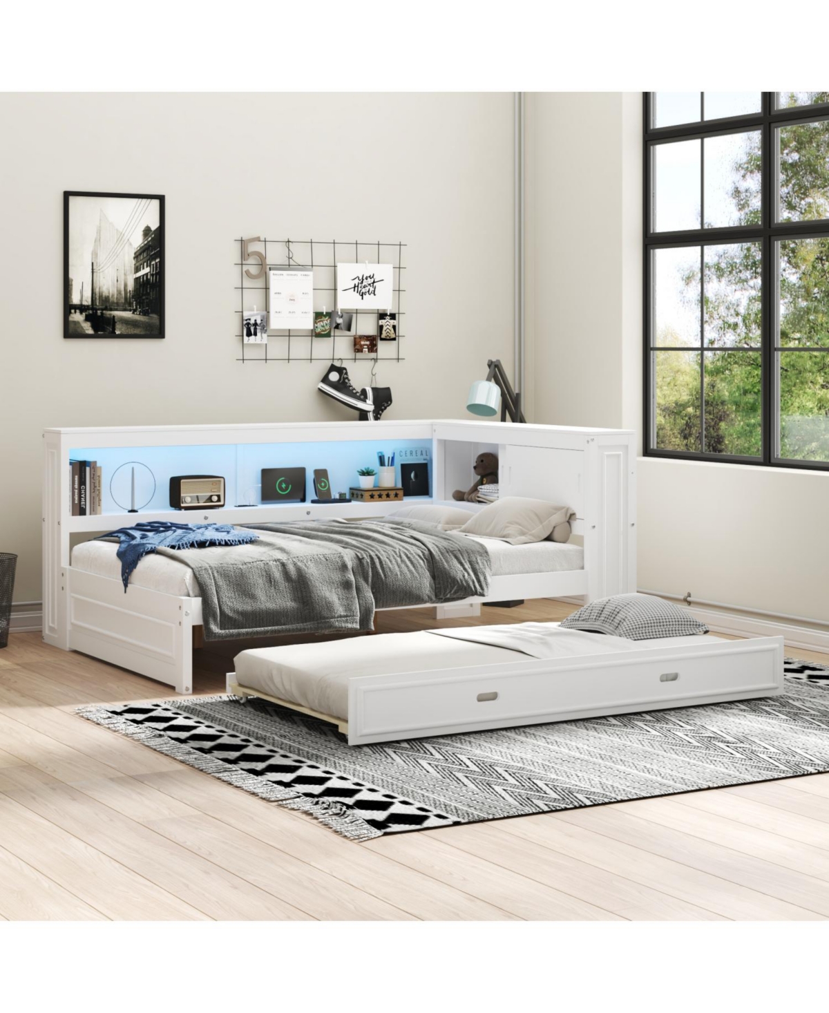 Streamdale Furniture Full Wood Daybed with Storage Shelves, Usb, Led, and Trundle