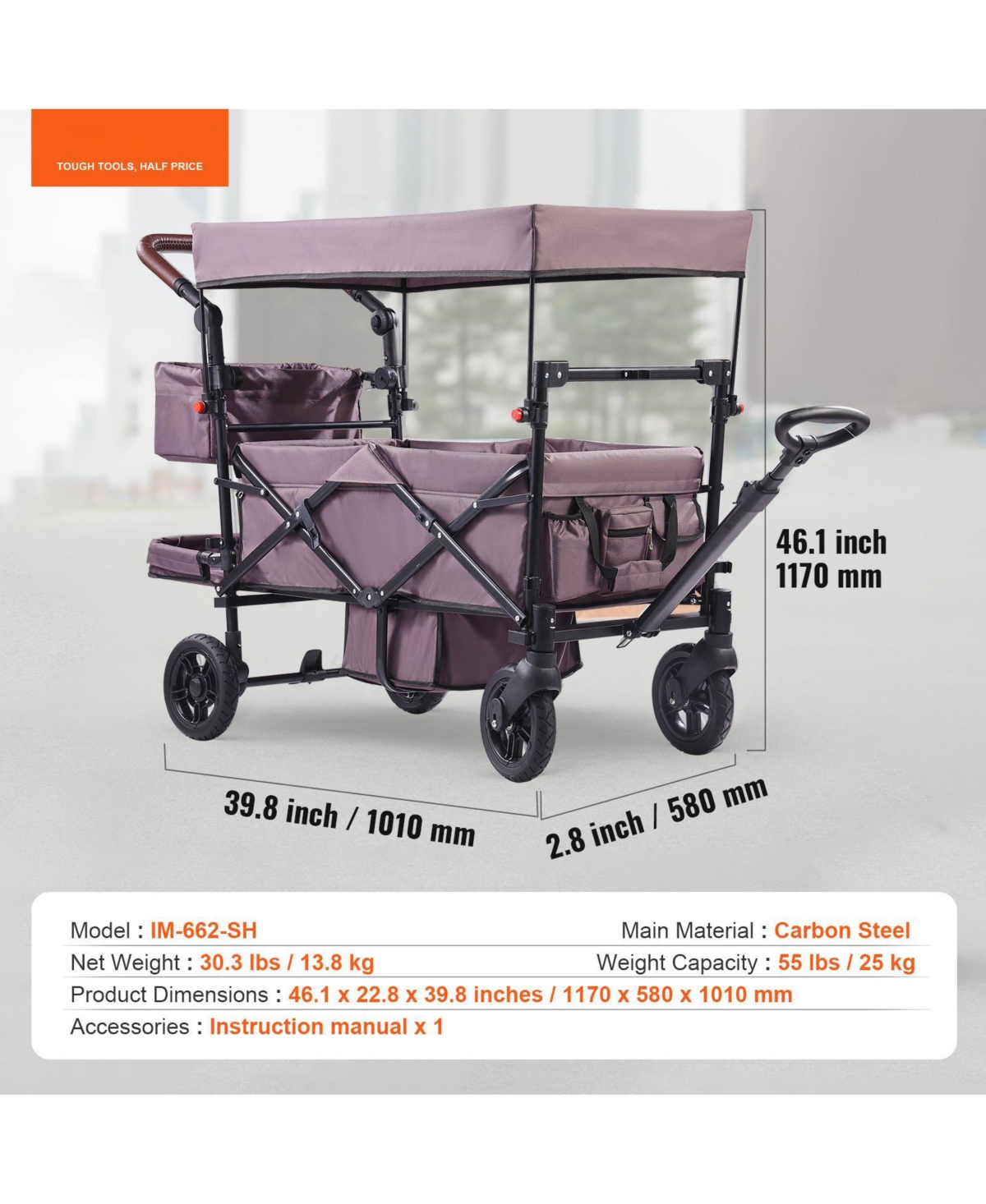 Sugift Wagon Stroller for 2 Kids Folding Push-Pull Stroller with Canopy Purple