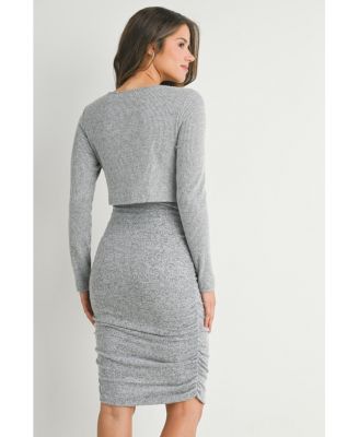 Maternity Long Sleeve Ribbed Side Ruched Nursing Dress