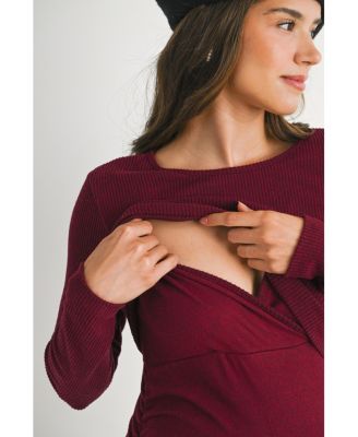 Maternity Long Sleeve Ribbed Side Ruched Nursing Dress