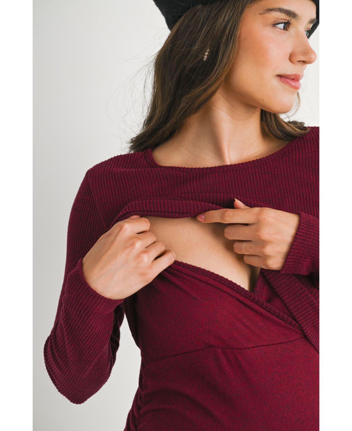 Women's Long Sleeve Ribbed Side Ruched Nursing Dress