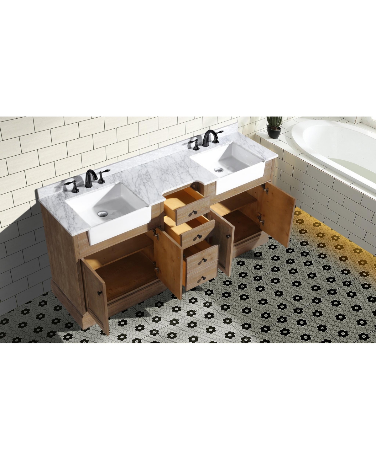 Ari Bath 72" Kelly, Weathered Fir Finish, Carrara Marble Countertop