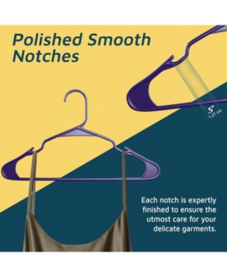 heavy-duty plastic hangers with non-slip grooves, space-saving design, and 5 lb capacity ideal for clothes $ dresses. Pack of 10, purple.