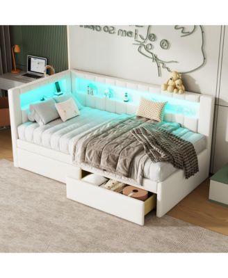 Upholstered Twin Size Platform Bed with USB Ports and LED Belt With 2 Drawers White