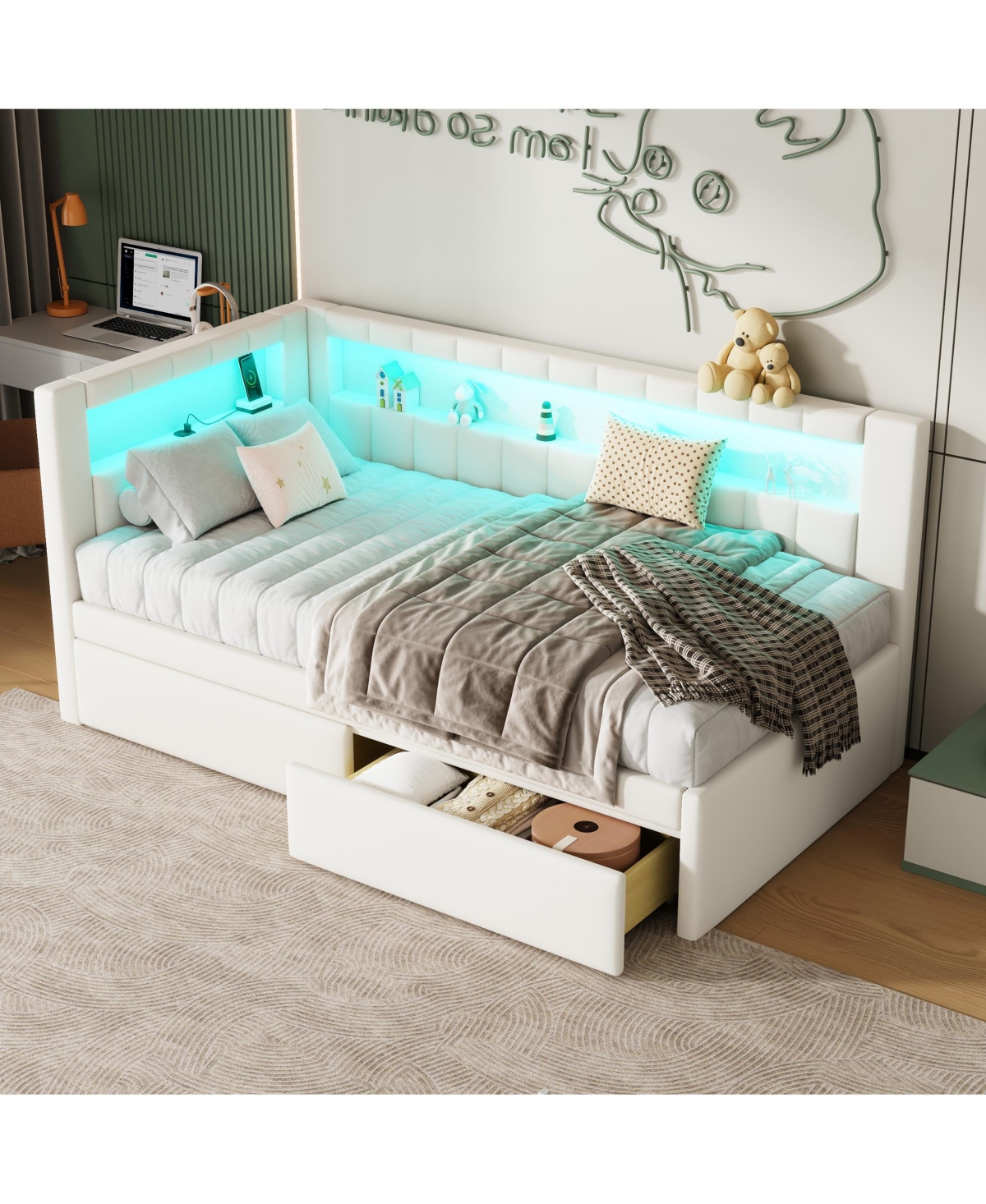 Lovmor Upholstered Twin Size Platform Bed with Usb Ports and Led Belt With 2 Drawers