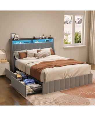 Full Size Bed Frame with LED 4 Under-bed Portable Storage Drawers Wings Headboard Design Light Grey