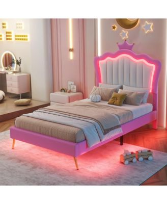 Twin Upholstered Bed with LED Lights & Crown Headboard, Pink/White Princess Style