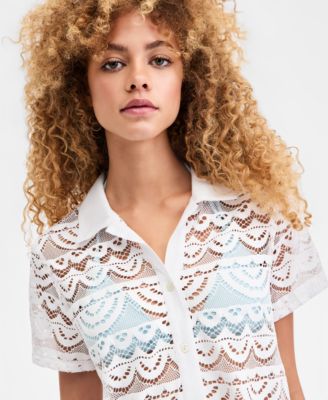 Women's Crochet Swim Cover-Up Camp Shirt