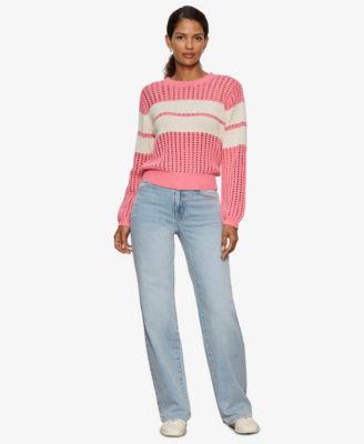 Women's Sporty Openwork Popover Crew Neck Sweater