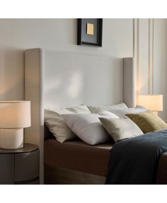 Shelton Upholstered Wingback Bed Wood Base Modern Farmhouse Neutral Scandinavian Queen Textured Ivory Canvas Chenille