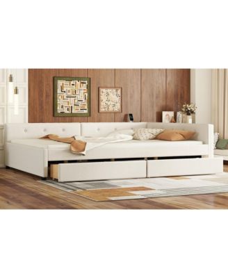 Full Size Upholstered Platform Bed with USB and 2 Drawers Beige