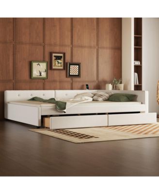 Queen Size Upholstered Platform Bed with USB and 2 Drawers Beige