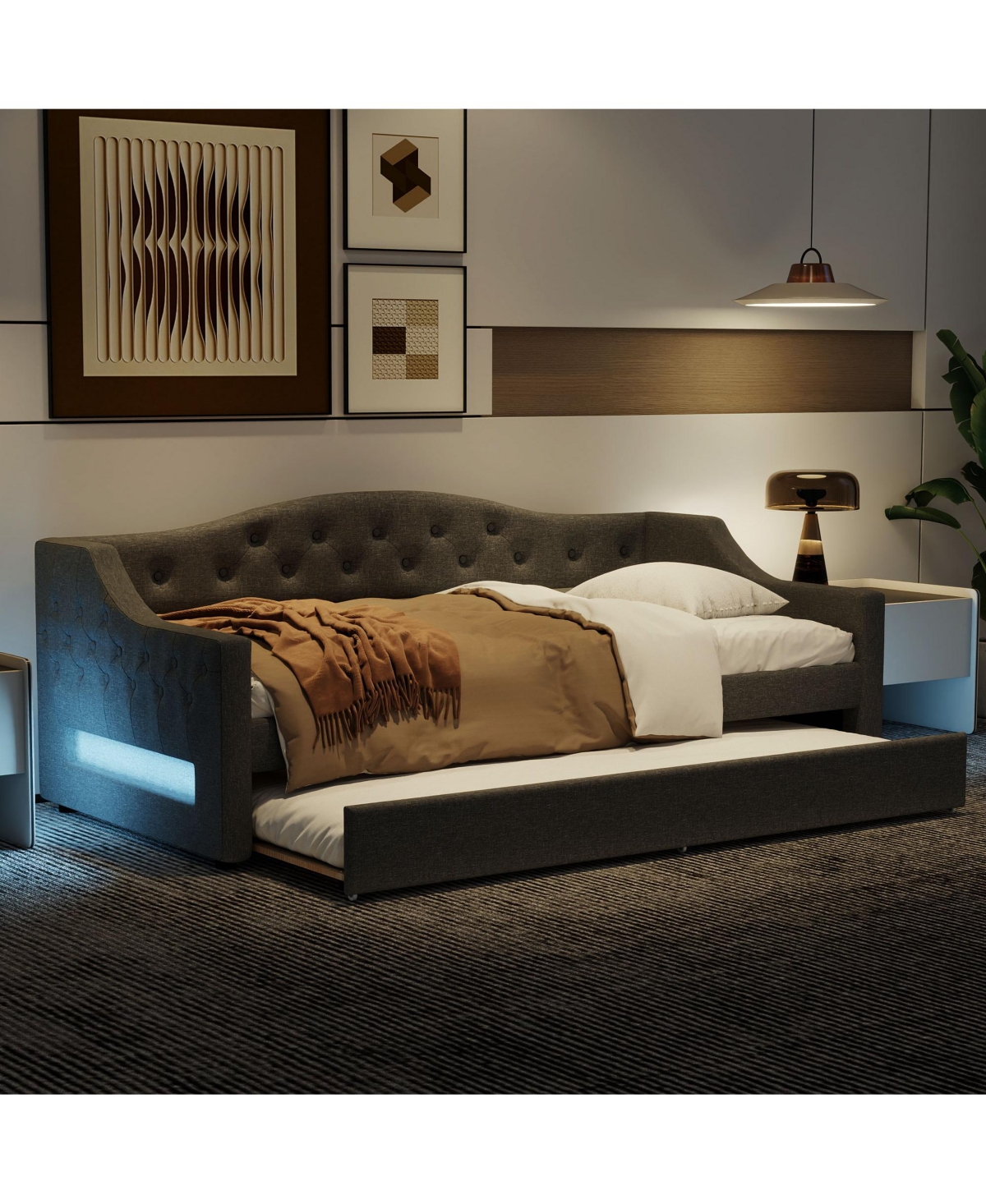 Upholstered Twin Xl Size Daybed with Led Belt and Trundle Gray