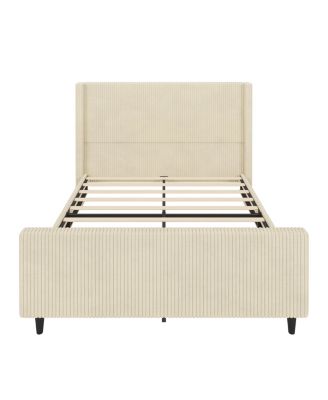 High Headboard Corduroy Upholstered Bed Frame with Vertical Stripe Wingback and High Footboard No Box Spring Needed Queen Size Cream