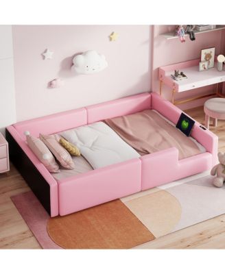 Twin Size Upholstered Platform Bed with Guardrail and Charging Station Pink