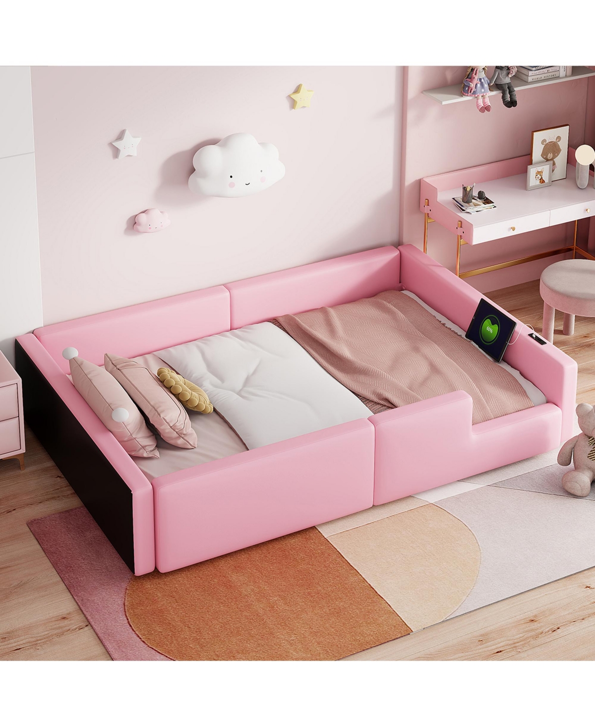 Lovmor Twin Size Upholstered Platform Bed with Guardrail and Charging Station Pink