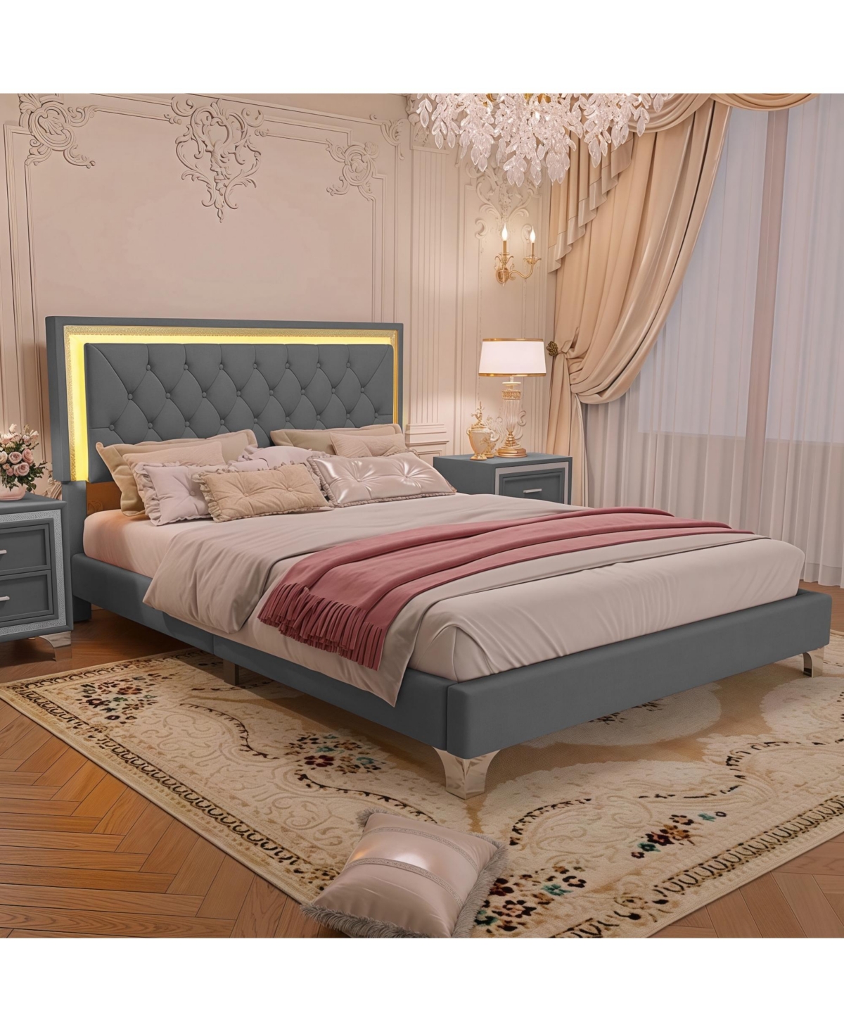 Lovmor Queen Size Upholstered Bed Frame with Led Lights Modern Velvet Platform Bed with Tufted Headboard