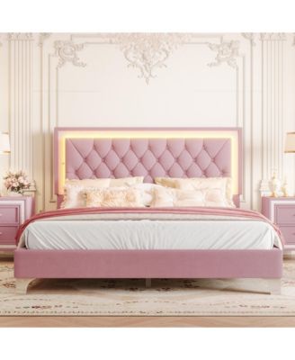 Queen Size Upholstered Bed Frame with LED Lights Modern Velvet Platform Bed with Tufted Headboard Pink