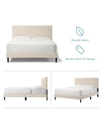 Cream White Upholstered Queen Platform Bed Frame Tufted Channel Headboard Mid-Century Bedroom Furniture No Box Spring Required Cream