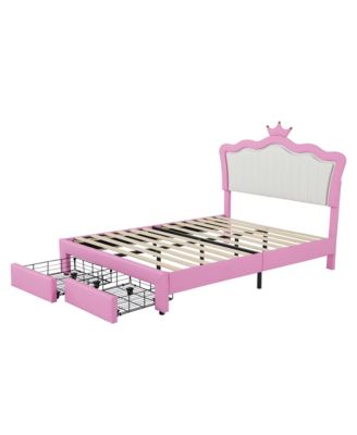Full Size Upholstered Bed Frame with LED Lights Modern Upholstered Princess Bed with Crown Headboard 2 Drawers Pink+White