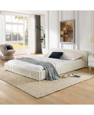Queen Size Upholstered Bed Frame with Chenille fabric Grounded  Platform Bed with Headboard and Solid Frame No Box Spring Needed-Beige