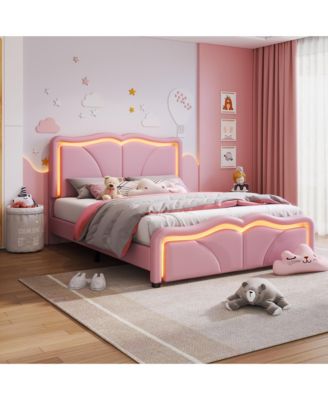 Full Size Upholstered Platform Bed with Curve Shaped and Height-adjustbale Headboard LED Light Strips Pink