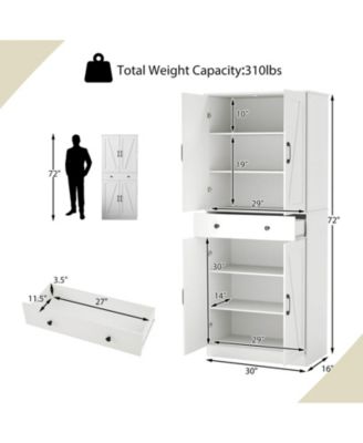 72" Tall Kitchen Pantry Modern Farmhouse Cupboard Cabinet with 4 Barn Doors