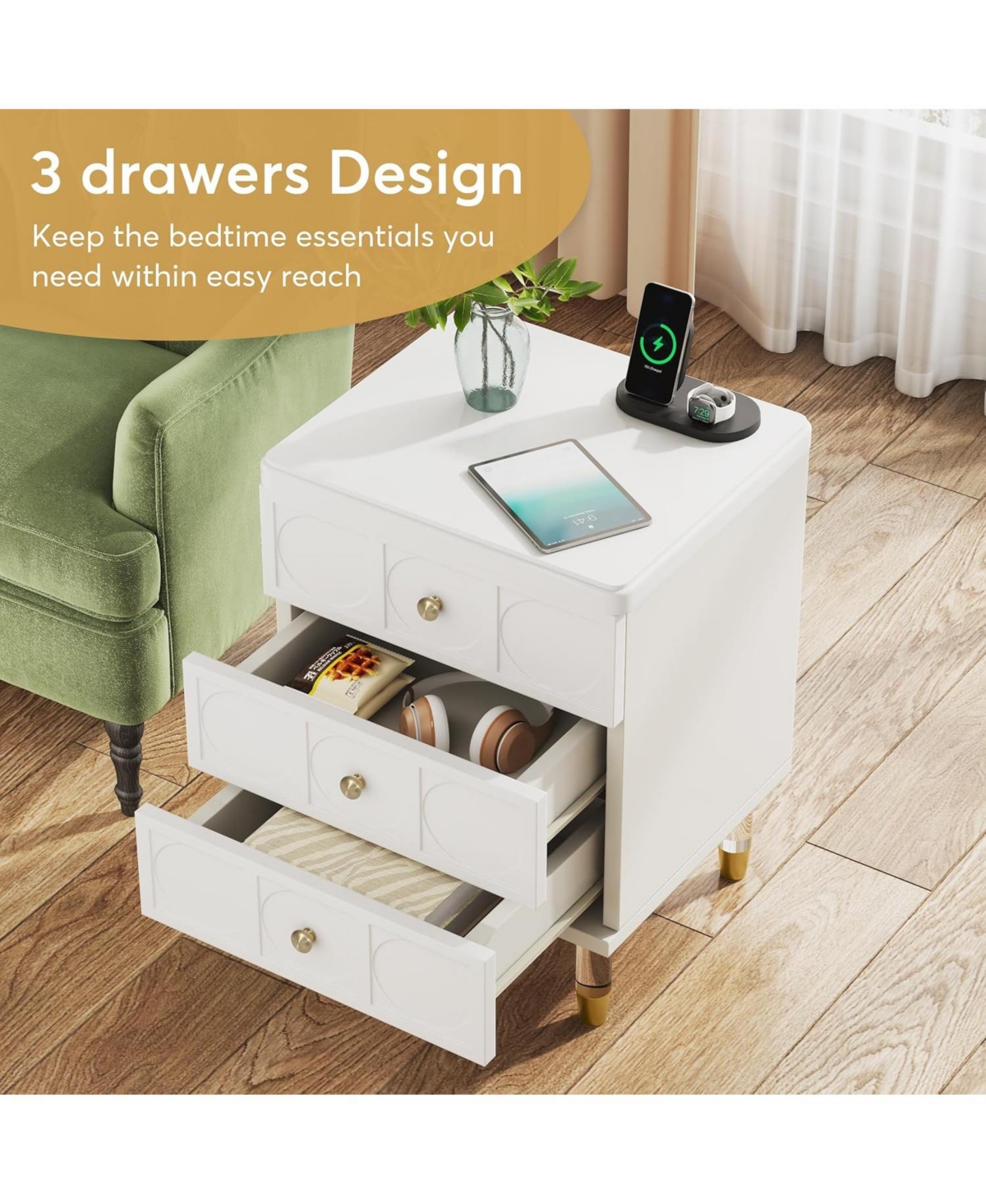 Tribesigns 3-Drawer Nightstand, White and Gold Nightstand