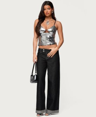 Womens Rokko Cut Out Sequin Top