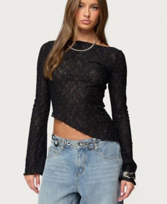 Women's Mare Asymmetric Gem Sheer Lace Top