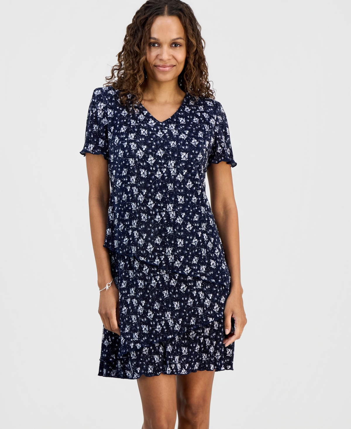 Connected Petite Floral Ruffle-Tiered V-Neck Sheath Dress