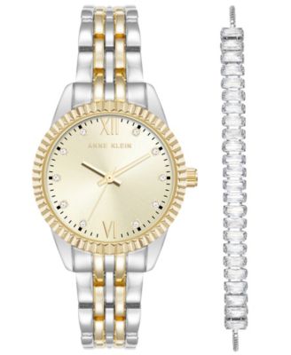 Women's Quartz Crystal Accented Champagne Dial Round Two-Tone Alloy Metal Watch Set, 26mm