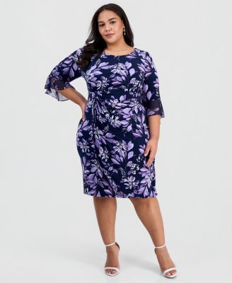Plus Size Floral Side-Ruched 3/4-Sleeve Dress