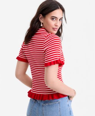 Women's Short-Sleeve Ruffle-Trim Collared Sweater