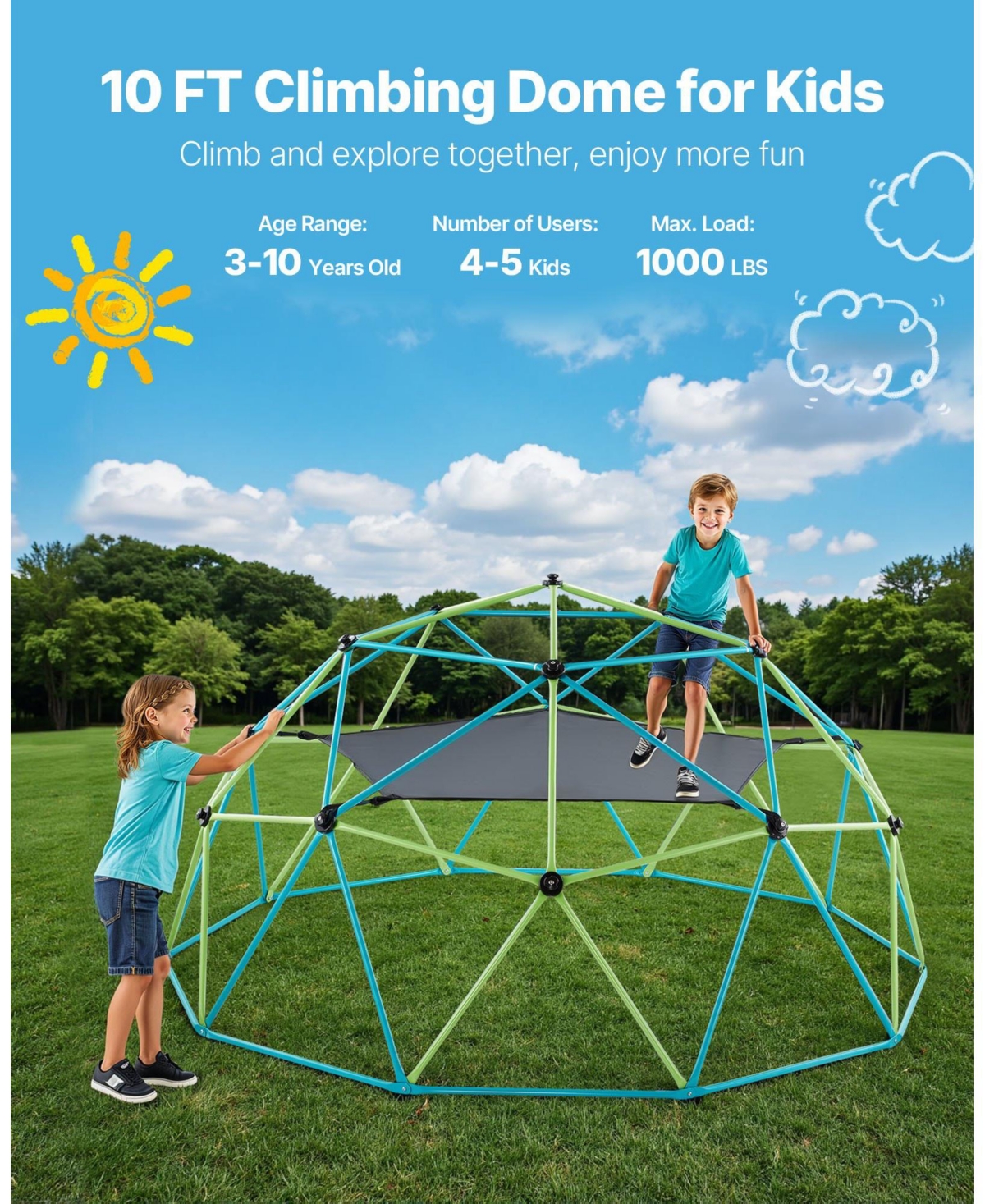 Mecale Climbing Dome, 10 ft Geometric Dome with Swing and Hammock, 1000 lb Capacity Outdoor Playground for Kids Ages 3–10