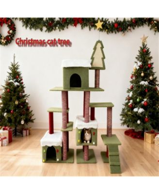 Festive Cat Tree with Star & Snow Designs, Multi-Level Play & Cozy Cabins