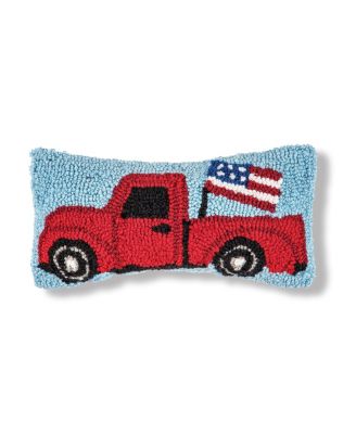 Patriotic Retro Red Pickup Truck w/ Waving American Flag Hooked Small/Petite Accent Pillow