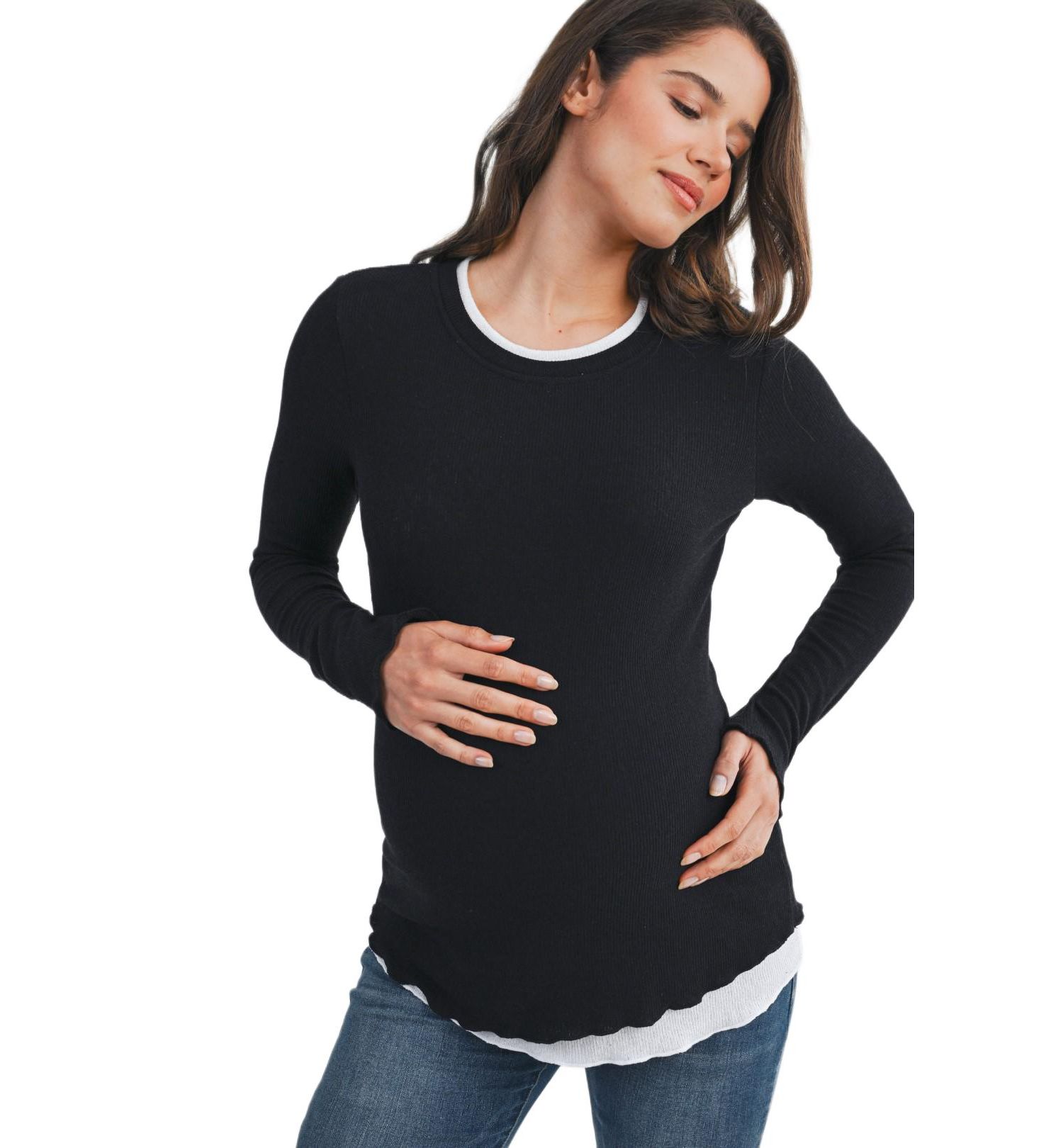 Maternity Ribbed Layer Contrast Long Sleeve Top