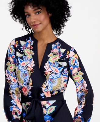 Women's Spllit-Neck Belted A-Line Dress