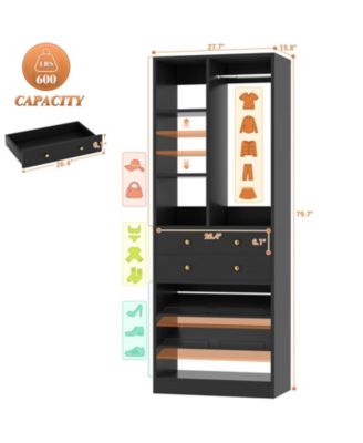 28'' Freestanding Closet Storage System with 2 Drawers, Closet Tower with Hanging Rod, Shelves & Adjustable Shoe Racks