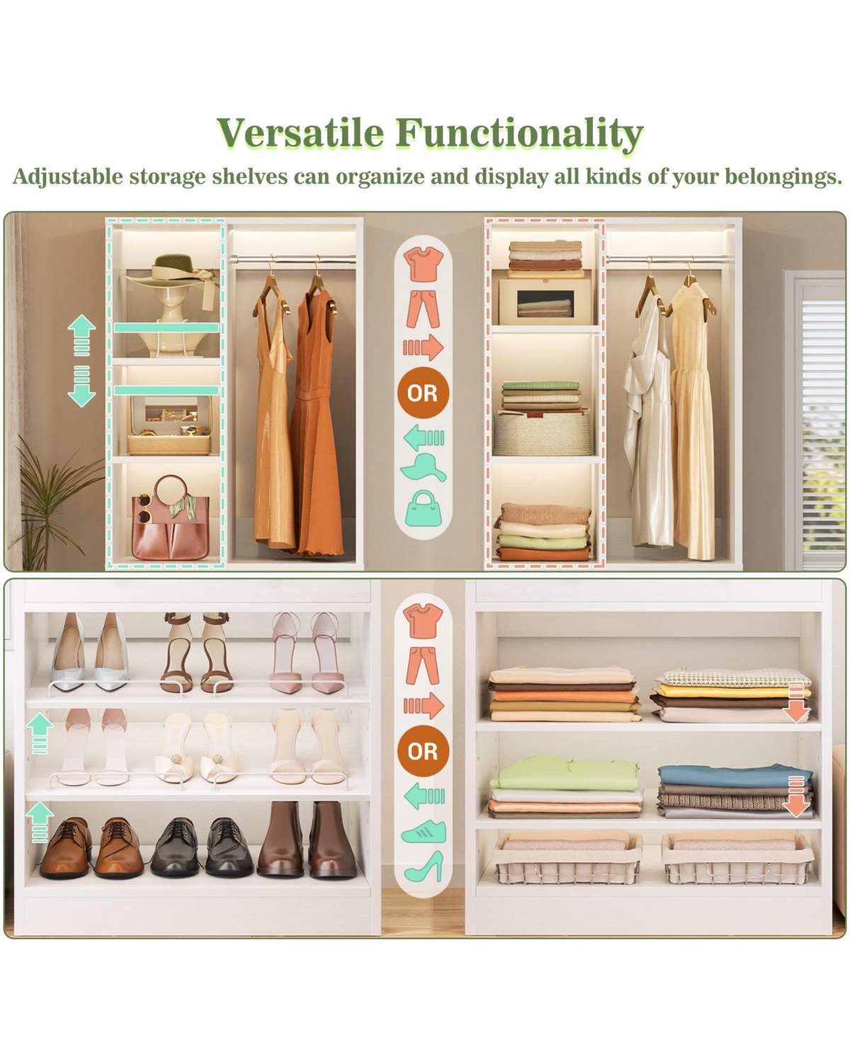 Aheaplus 28'' Freestanding Closet Storage System with 2 Drawers, Tower Hanging Rod, Shelves & Adjustable Shoe Racks