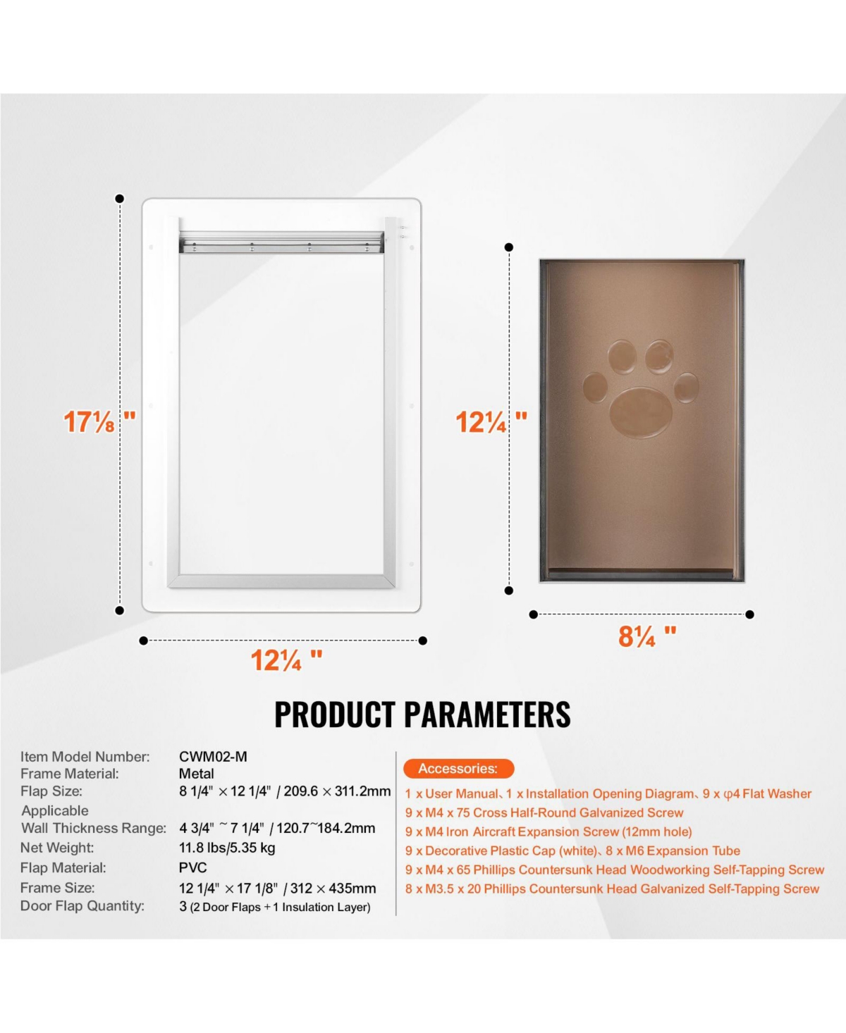 Cozito Metal Frame Wall-Entry Pet Door with 3-Flap System, Medium, White