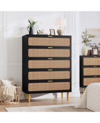 Rattan Dresser with 5 Drawers, Tall Modern Closet with Deep Storage