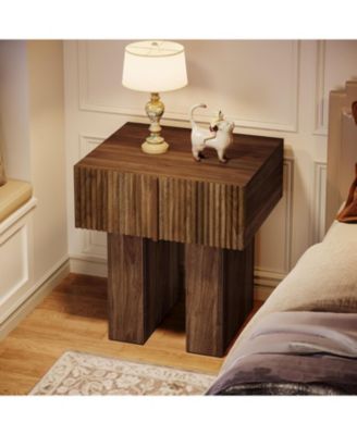 Fluted Nightstand Set of 2, Wooden Night Stand with Storage Drawer, Modern Bedside Table Side End Table