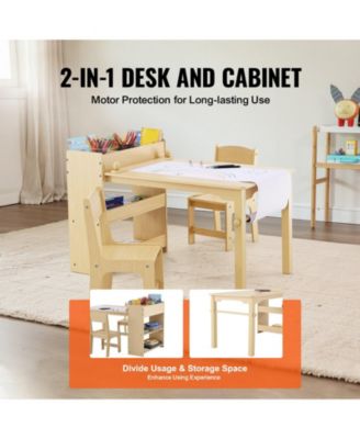 Kids Art Table with 2 Chairs Wood Activity Table with Cabinet for Craft and Learning