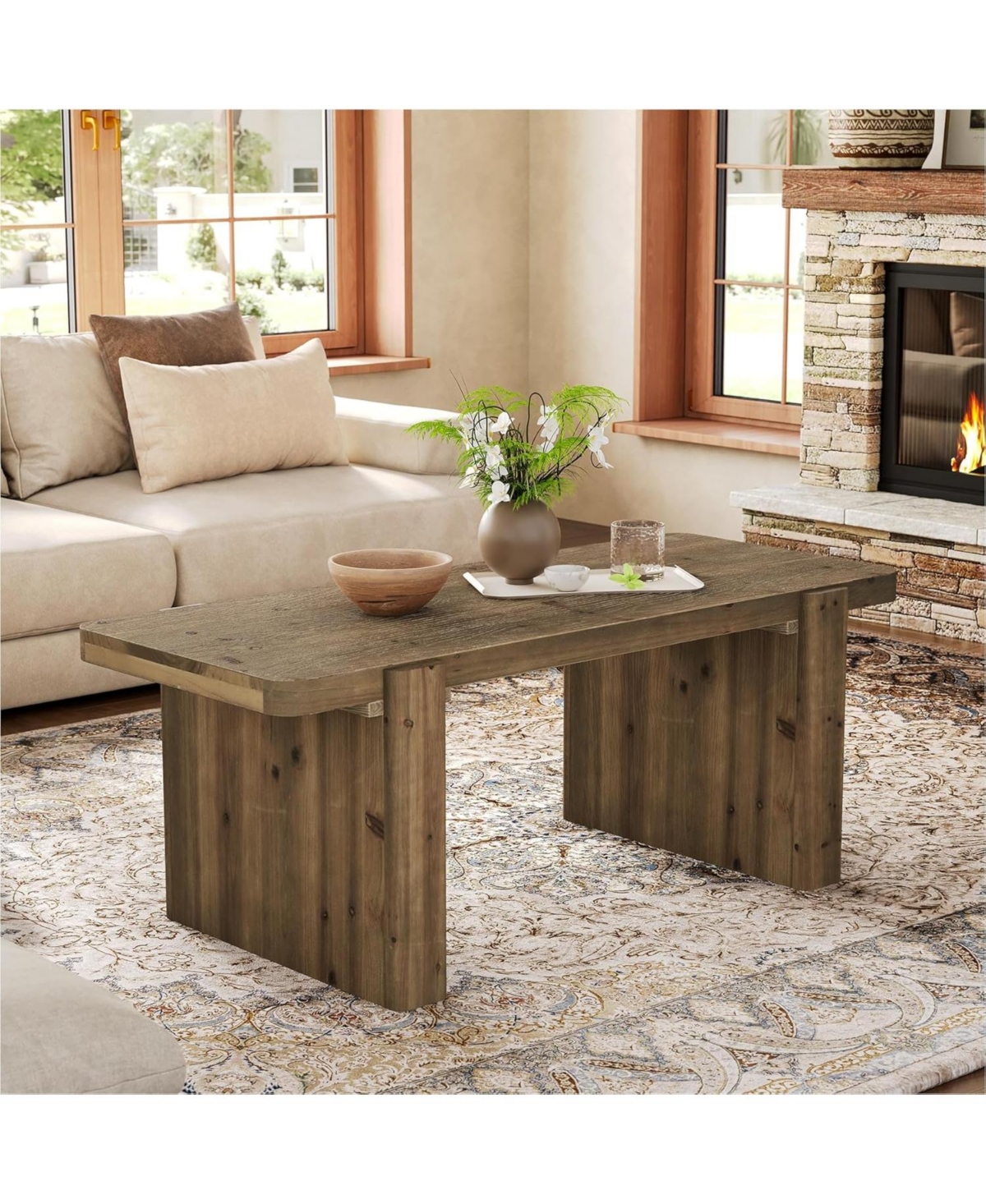Tribesigns Farmhouse Coffee Table with Heavy-Duty Legs, Solid Wood