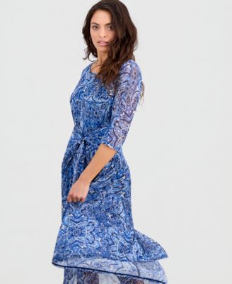 Petite Tie-Front 3/4-Sleeve Mesh Midi Dress