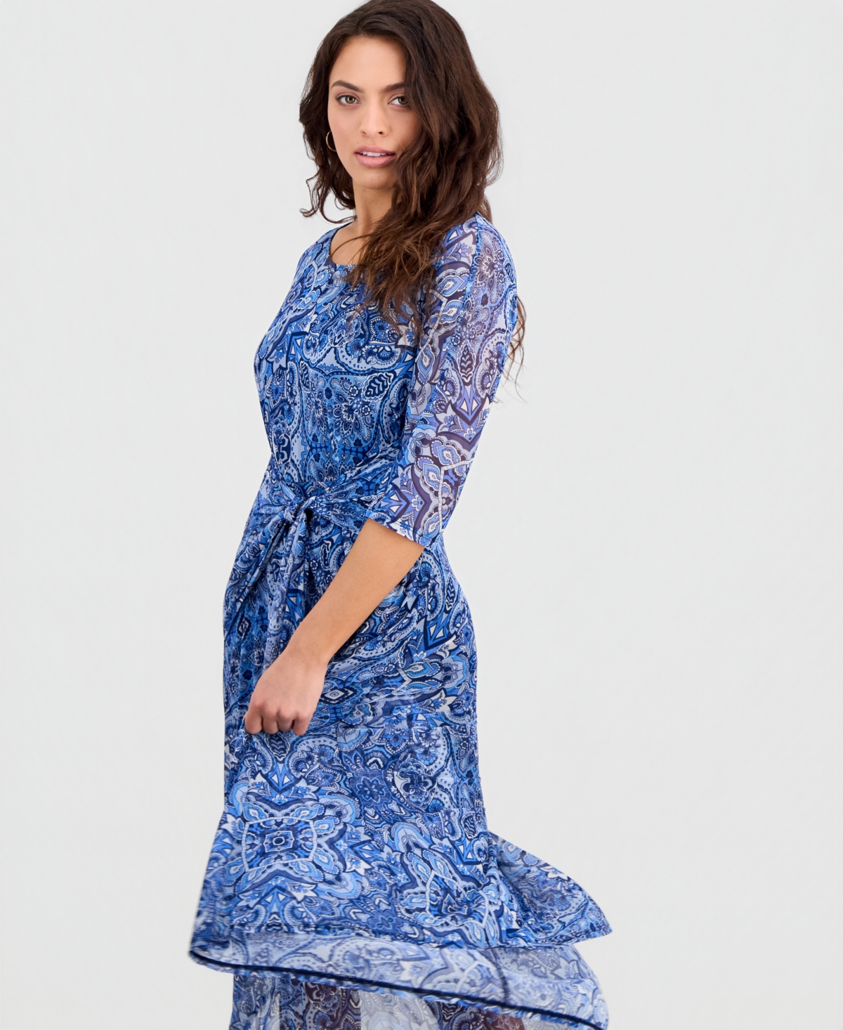 Robbie Bee Petite Tie-Front 3/4-Sleeve Mesh Midi Dress